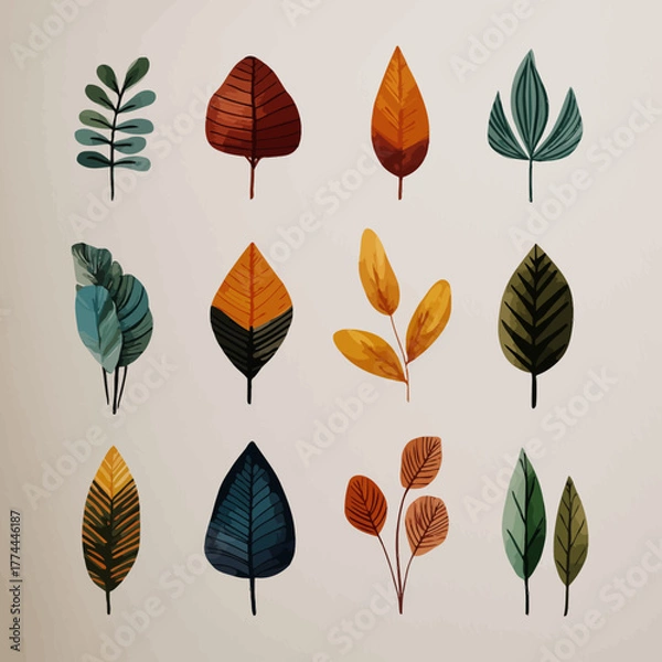 Fototapeta Different shapes of colorful leaves with white background.