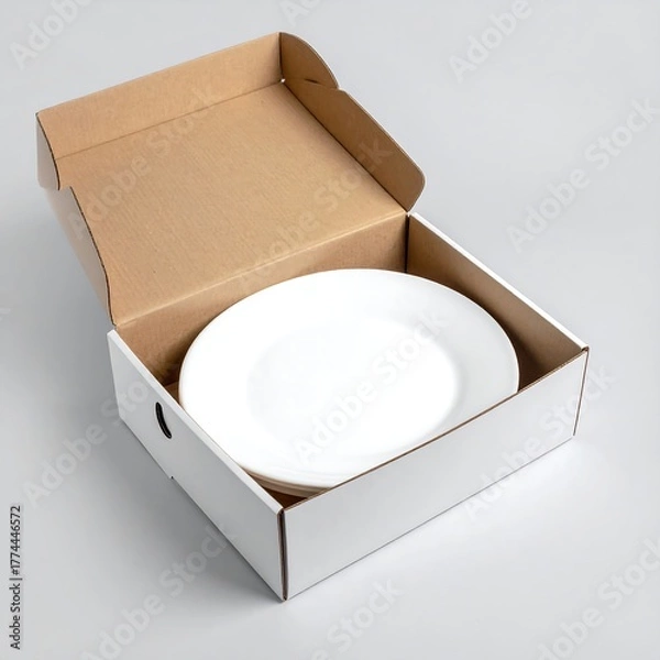 Fototapeta White plates stacked in a cardboard box with lid open