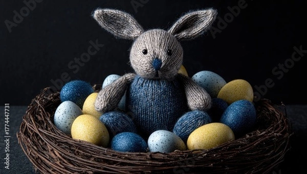 Fototapeta Knitted Easter Bunny in a Nest with Eggs.