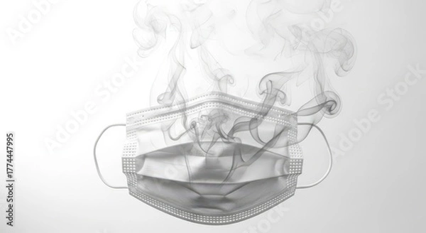 Fototapeta A surgical mask is surrounded by smoke, symbolizing the dangers of air pollution isolated on white background