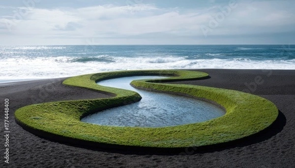 Obraz Serpentine Stream in a Lush Green Garden Bed on a Black Sand Beach.