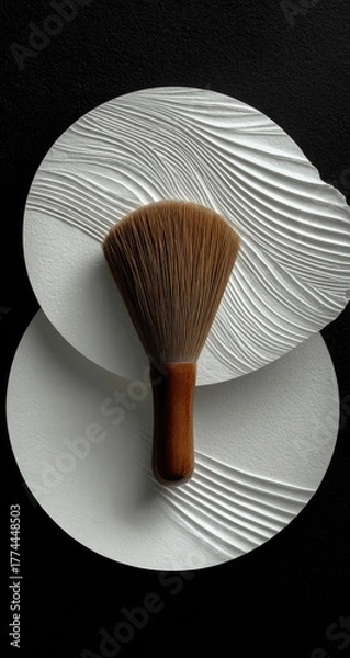 Obraz Elegant White Plates and a Tea Whisk on a Dark Background.