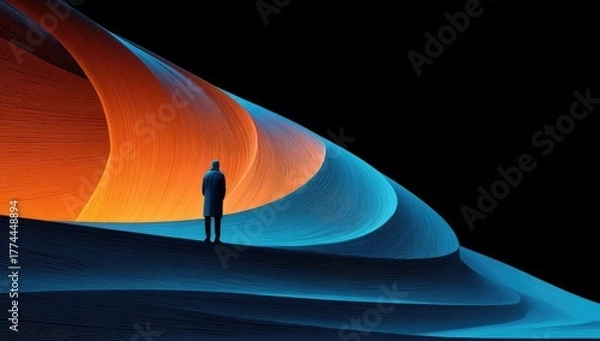 Obraz Abstract Figure Contemplating Colorful Abstract Tunnel.