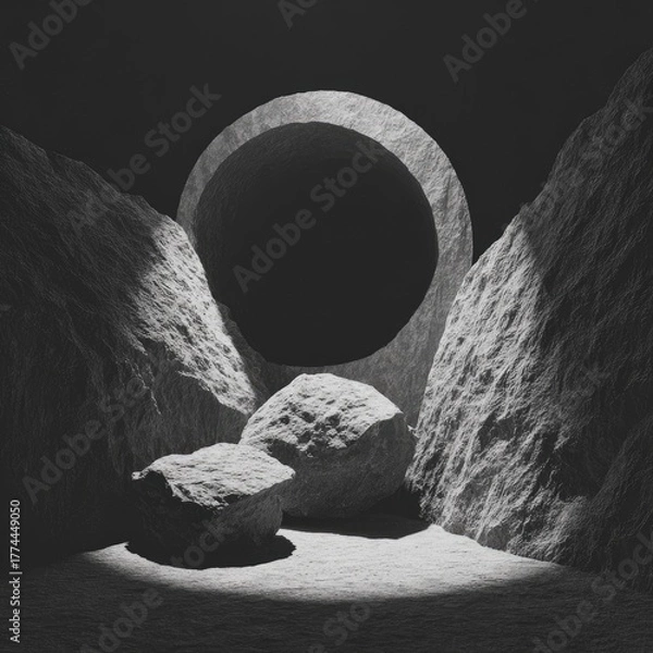 Fototapeta Monochromatic Abstract Space with Circular Portal and Rocks.