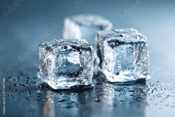 Obraz Three melting ice cubes on reflective surface.