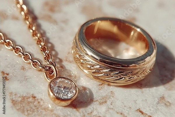 Obraz Close-up of gold ring and diamond necklace on marble surface.