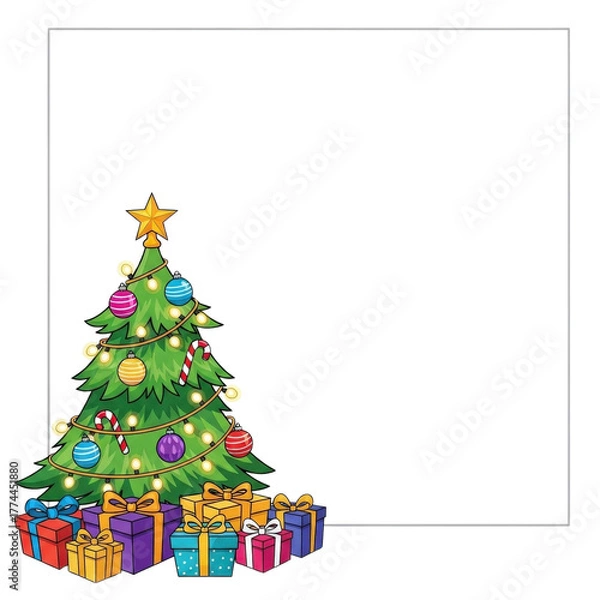 Obraz Christmas tree frame with gifts and ornaments holiday season festive decoration celebration card template on transparent background