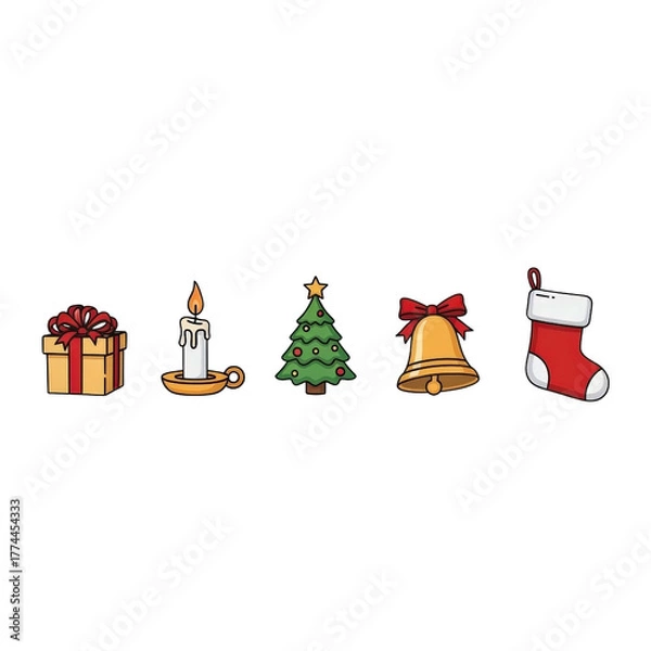 Fototapeta Christmas holiday season vector design elements with gift tree candle bell and stocking icons set art on transparent background
