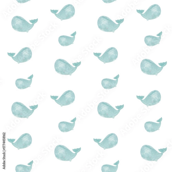 Obraz Happy seamless pattern with whales watercolor on a white background.