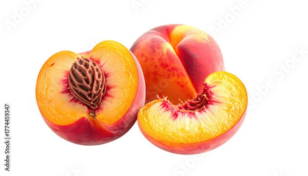 Obraz Three ripe peaches, one halved showing the pit, and another sliced against a black background