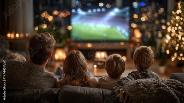 Obraz Rear perspective of a family including parents and kids relaxing together on a sofa at home while watching a football game Themes of family leisure and parenting