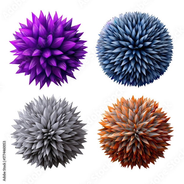 Fototapeta Four fluffy, spherical objects with spiky, petal-like textures in shades of purple, blue, grey, and orange against black