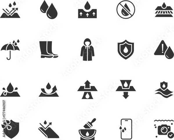 Fototapeta Vector set of waterproof flat icons. Contains icons moisture repellent, waterproofing, absorbent, umbrella, raincoat, rubber boots and more. Pixel perfect.