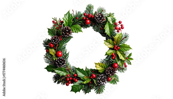 Fototapeta Festive circular wreath adorned with vibrant green foliage, pinecones, and bright red berries on a black background