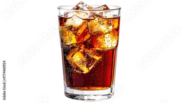 Obraz Glass filled with bubbly brown liquid and ice cubes. A refreshing cold drink on a black background