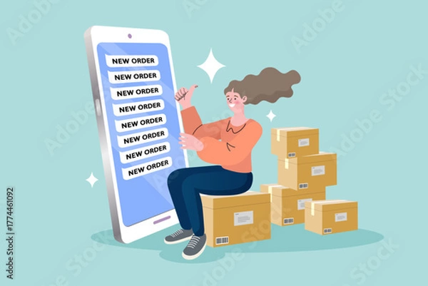 Fototapeta A happy woman sits on a package, looking at her smartphone which is full of new order notifications. This duotone outline scene symbolizes a successful e-commerce business and a flood of sales.