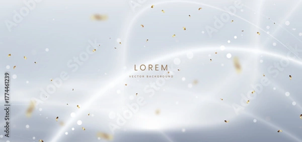 Obraz Abstract white wave ray on grey background with confetti effect sparkle. Celebration grand opening party happy concept.