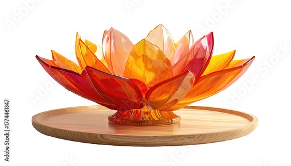 Fototapeta Translucent lotus sculpture in fiery hues on a light wood dish, isolated against a stark black backdrop