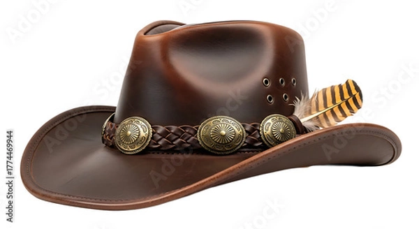 Fototapeta A detailed close up of a rustic brown leather cowboy hat adorned with ornate gold conchos and a decorative feather isolated on a black background