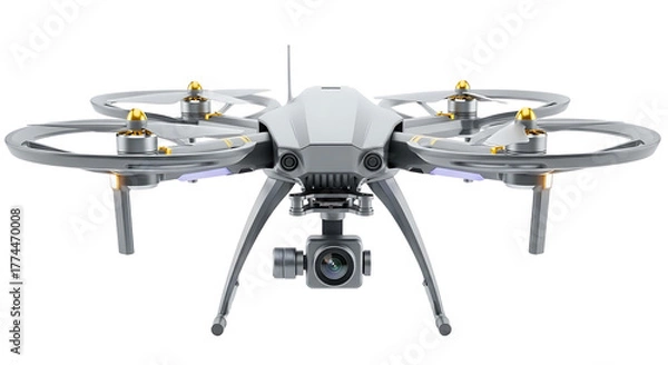 Fototapeta Modern white quadcopter drone with camera gimbal and propellers isolated against a stark black background for technology and aerial photography concepts