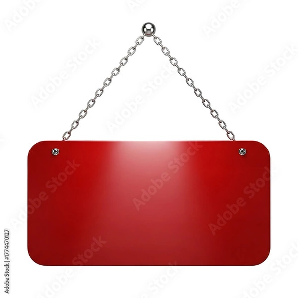 Fototapeta Blank red hanging sign with rounded corners suspended by a silver chain against a stark black background with subtle spotlighting