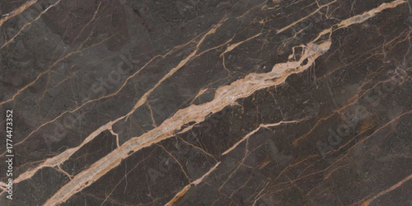 Fototapeta Brown polished marble with yellow veins. A deep stone color for your design