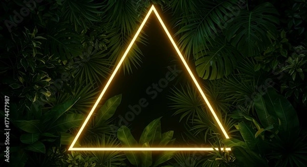 Fototapeta Tropical Jungle with Neon Triangle Frame Glowing Amidst Dense Foliage