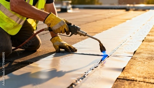 Fototapeta Medium shot showing a technician heatwelding TPO roofing sheets to create seamless durable flat roof coverage under bright daylight.