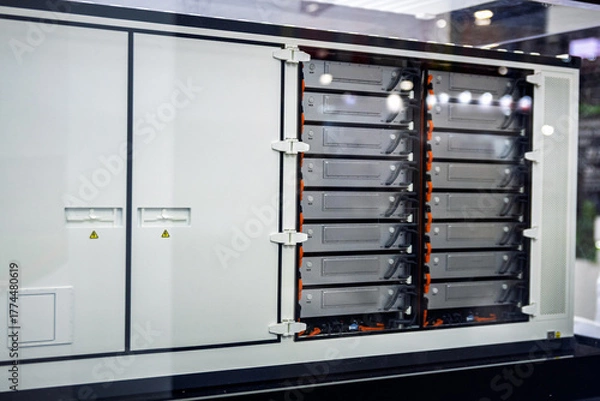 Fototapeta Modern industrial battery energy storage system (BESS) cabinet with visible battery modules, representing sustainable power solutions and grid infrastructure technology.