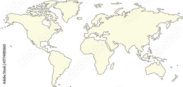 Fototapeta Black blank vector silhouette world map | High detail flat earth template illustration isolated on white background | High resolution contour in Mercator projection