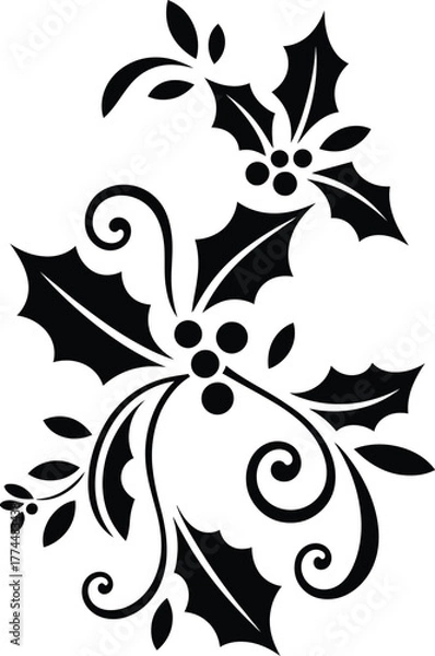Fototapeta Stylized Holly Leaves and Berries in Decorative Swirl Pattern for Christmas and Holiday Design