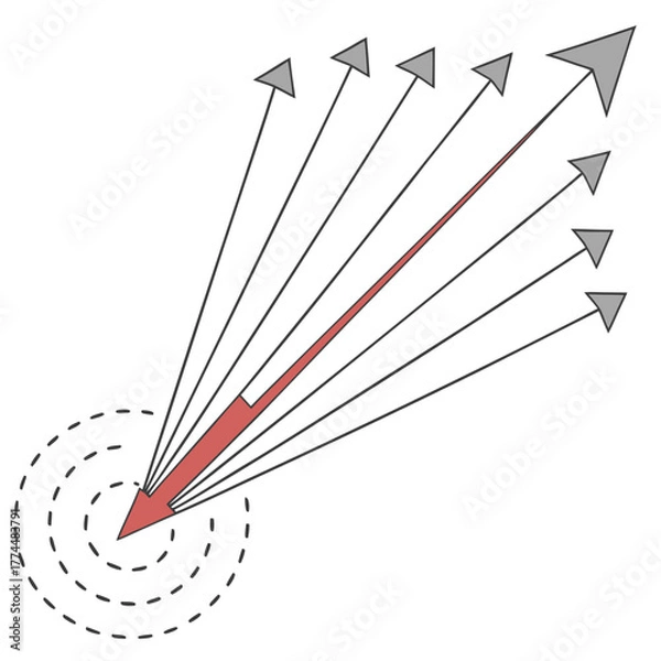 Obraz Conceptual diagram of multiple vectors originating from a central point with one highlighted in red