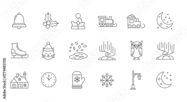 Obraz Winter Holiday Line Icons Festive Vector Symbols for Christmas and New Year Designs