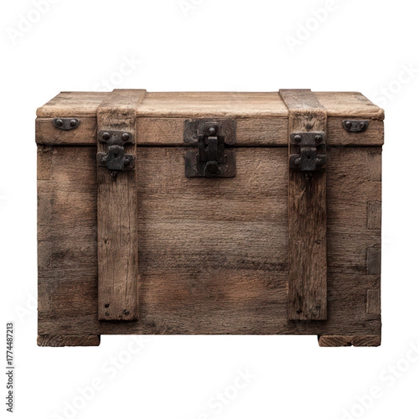 Fototapeta An old wooden treasure chest with rusted metal locks isolated on a black background