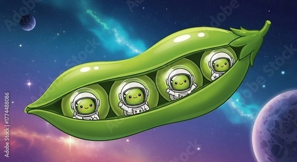 Fototapeta Four cartoon peas wearing spacesuits inside a pea pod, floating in outer space with planets and a nebula in the background.