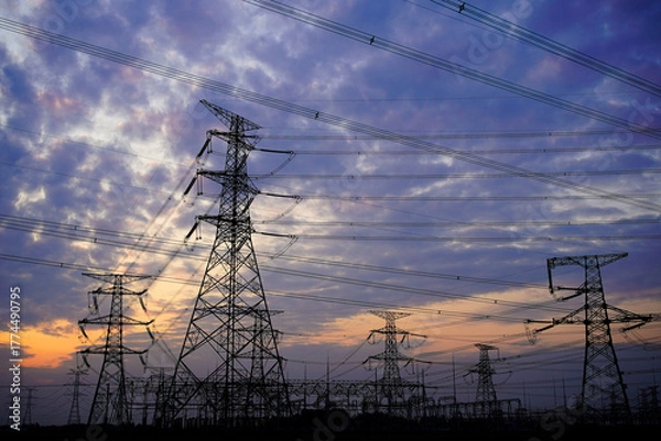 Fototapeta Pylon, high-voltage tower sky background.