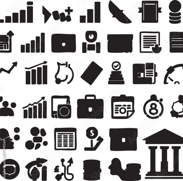 Obraz Collection of Business and Finance Icons: Graphs, Money, and Buildings