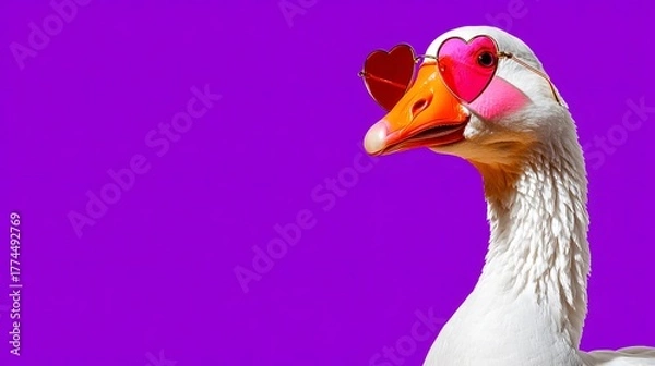 Fototapeta Detailed illustration of a playful goose in heart-shaped sunglasses on a rich purple plain background with ample copy space, evoking humor and romance for a Valentine's celebration