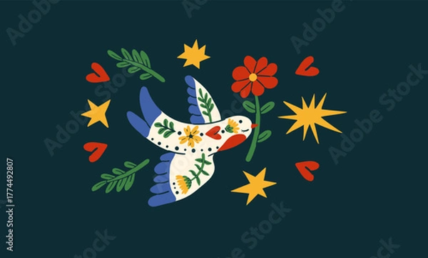 Obraz Scandinavian love pattern with folk flowers hearts and animal bird.