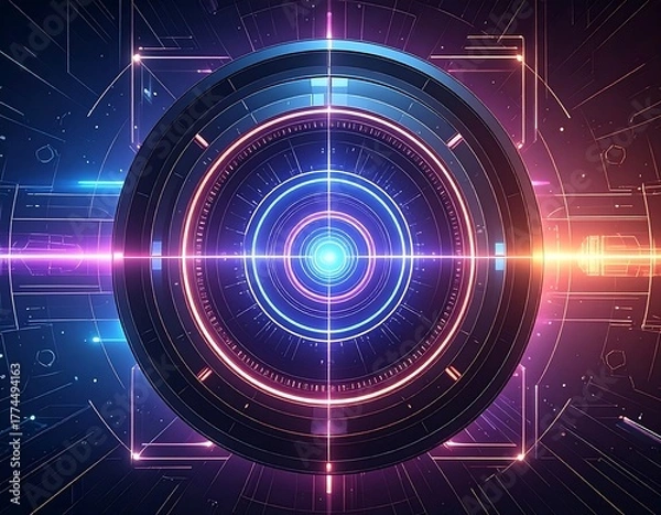 Fototapeta Abstract image of glowing concentric circles and squares, in blue, pink, and orange