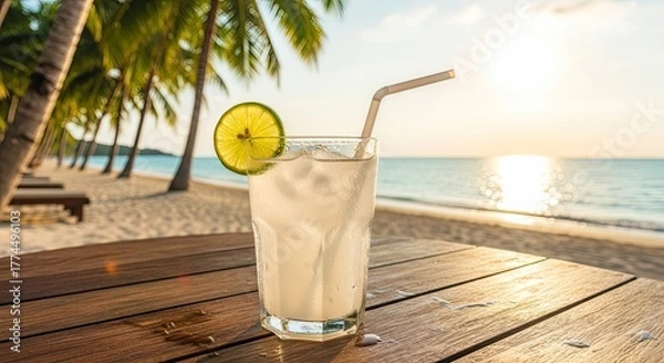 Fototapeta Refreshing Beverage on a Tropical Beach During Sunset, Creating a Moment of Relaxation and Tranquility with Golden Light