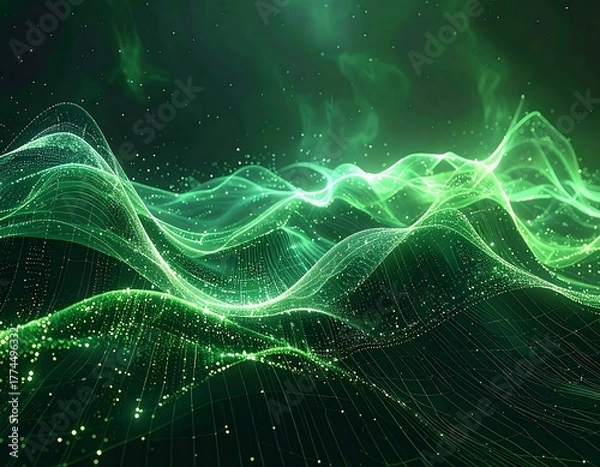 Fototapeta Abstract image of luminous green, undulating wave-like formations against a darker backdrop