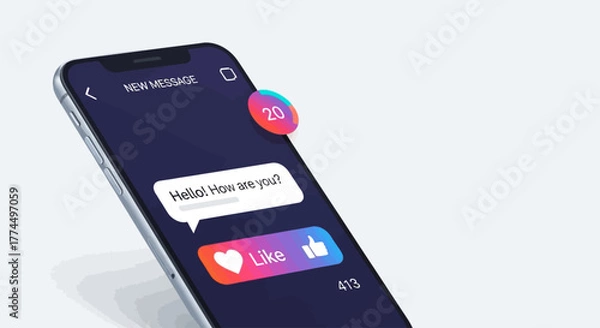 Fototapeta A modern smartphone displays a vibrant social media messaging app interface, featuring new notifications and interactive like buttons, symbolizing digital communication.