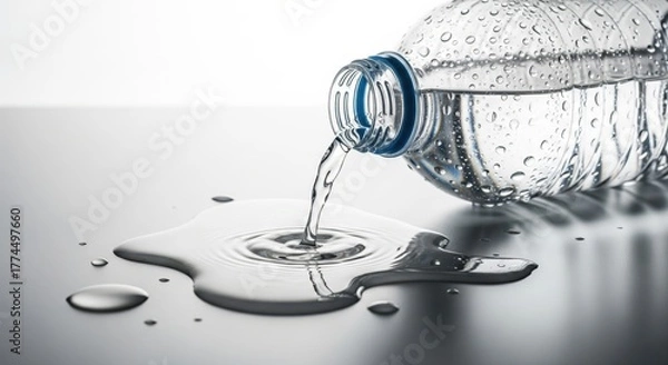 Obraz Plastic water bottle with condensation pouring water on reflective surface