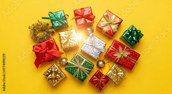 Fototapeta Silver and gold gift boxes with ribbons on yellow background