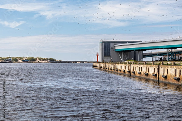 Fototapeta Industrial port terminal by the sea with conveyor structures and waterfront pier