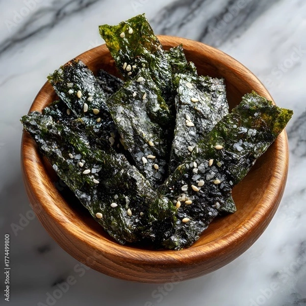 Fototapeta Top-down photo of crispy, seasoned seaweed snacks in a light-colored wooden bowl, which is set on a sophisticated white and grey marble countertop.