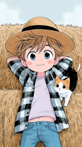 Obraz Young Boy and Kitten Relaxing on Hay Bales