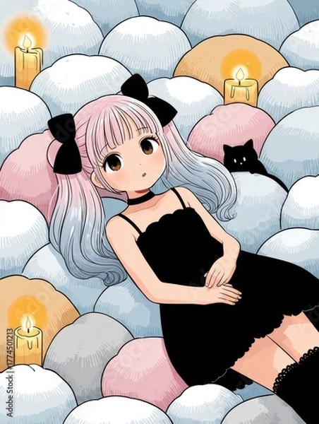 Obraz Anime Girl with Pink Hair and Black Cat Amidst Soft,Cloud-like Forms with Candles