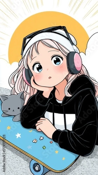 Fototapeta Anime Girl with Headphones and Cat Resting on a Skateboard